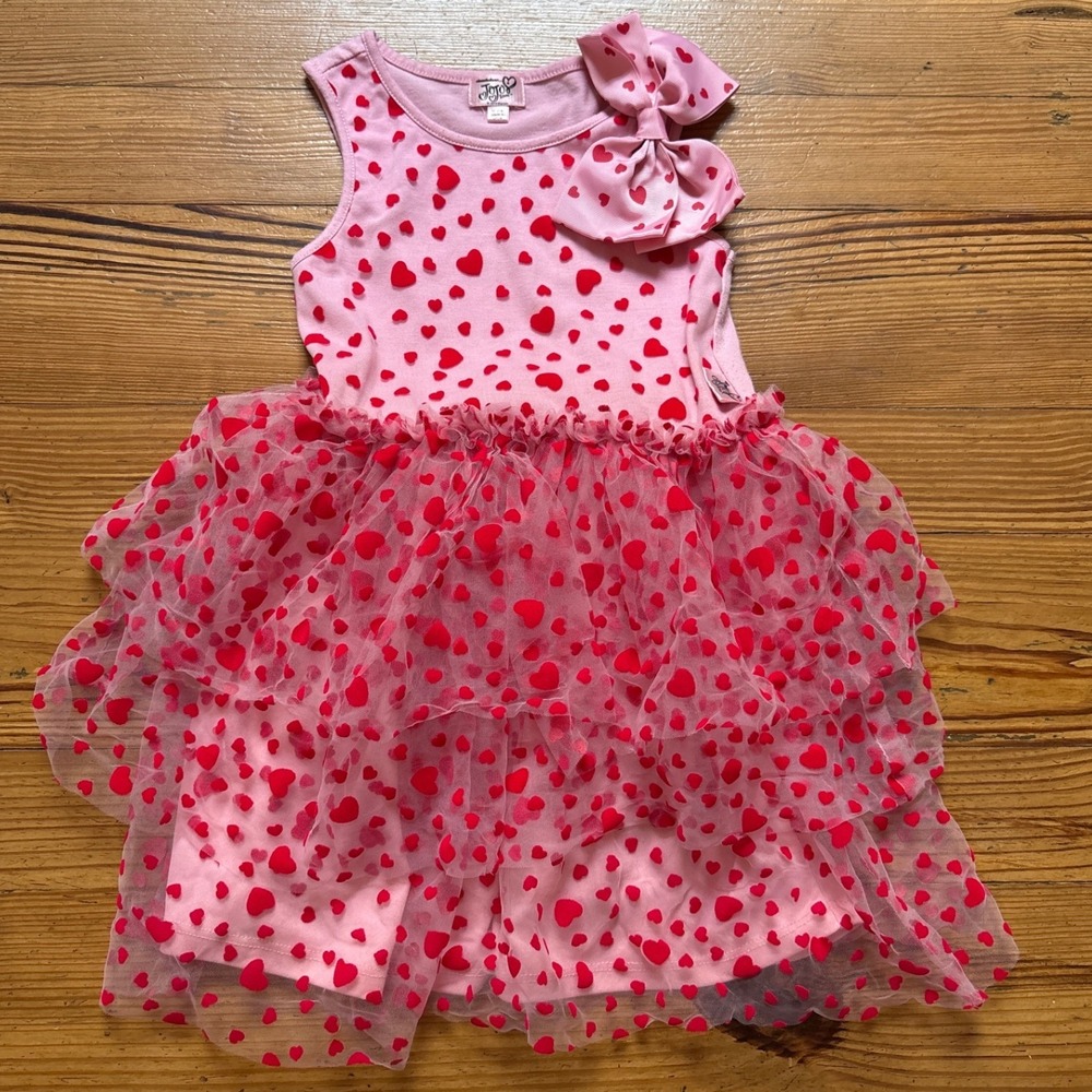 JoJo Siwa Tutu Dress Kids Pink Excellent Heart Print Tiered Tulle SIZE 7/8